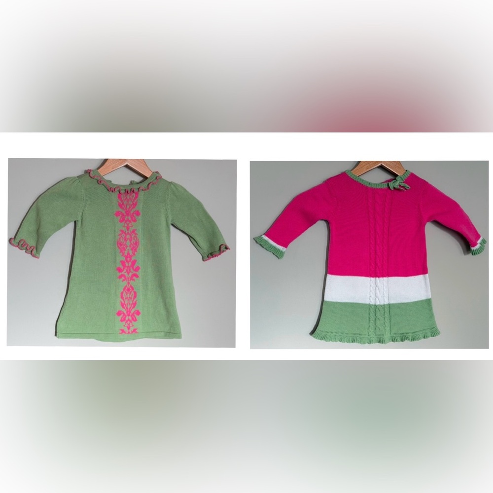 Hartstrings Baby Girl Pink & Green Sweater Dress Bundle - 2 Dresses - Size 12M